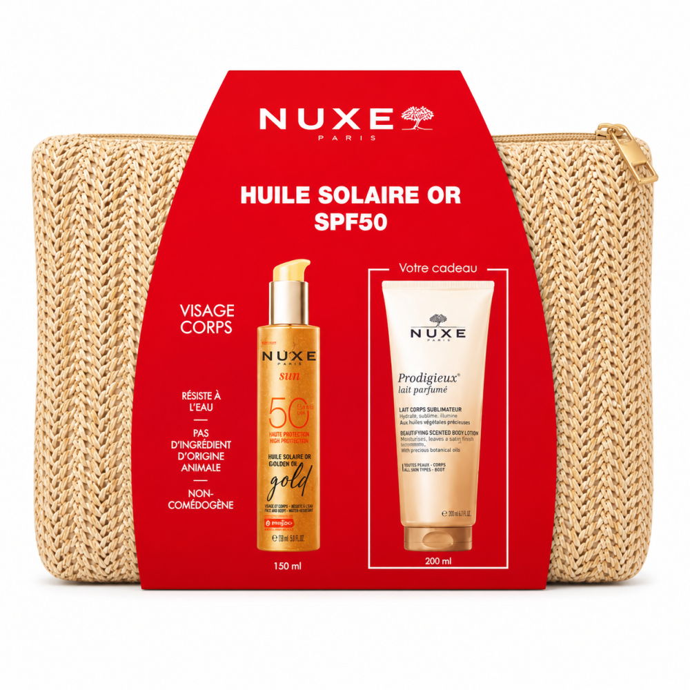 NUXE - HUILE SOLAIRE OR SPF50 + LAIT DE CORPS SUBLIMATEUR 200ML ET TROUSSE OFFERTES