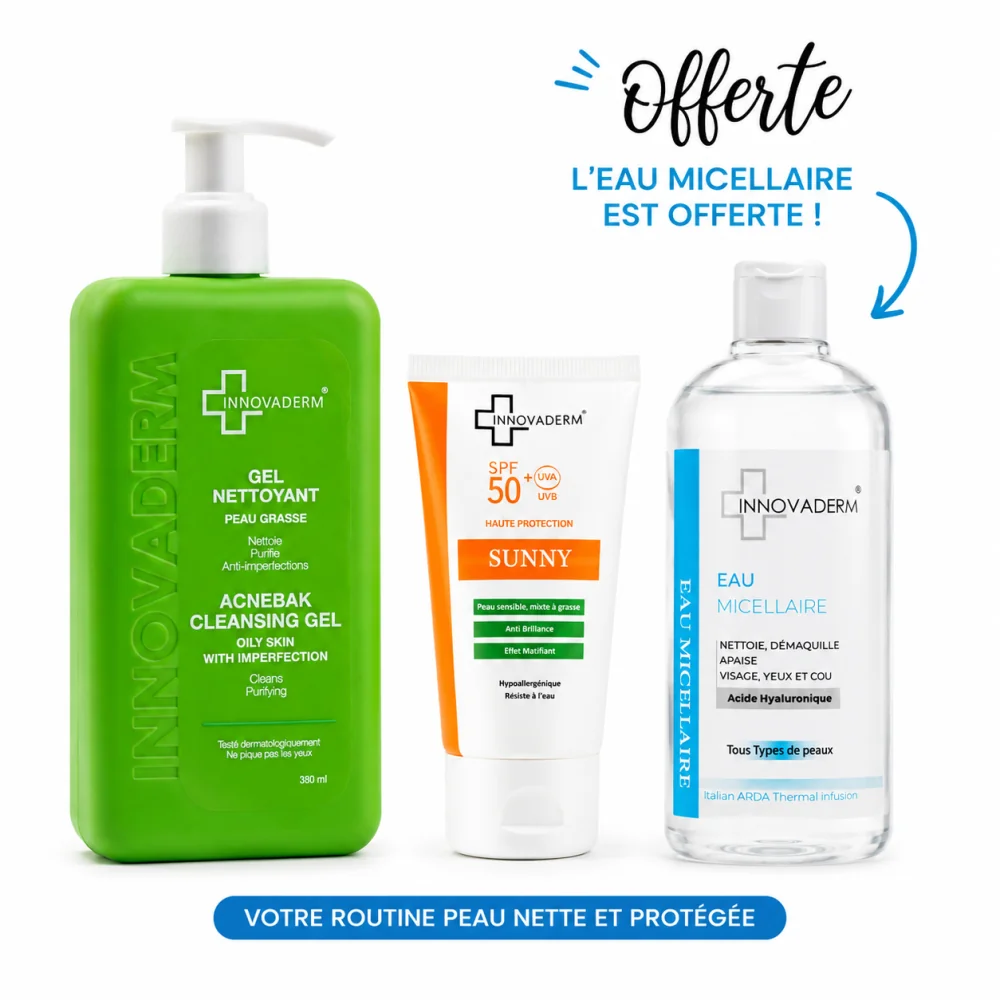 INNOVADERM - PACK : GEL NETTOYANT PEAUX MIXTE A GRASSE + ECRAN INVISIBLE SPF50+ + EAU MICELLAIRE 400ML OFFERTE