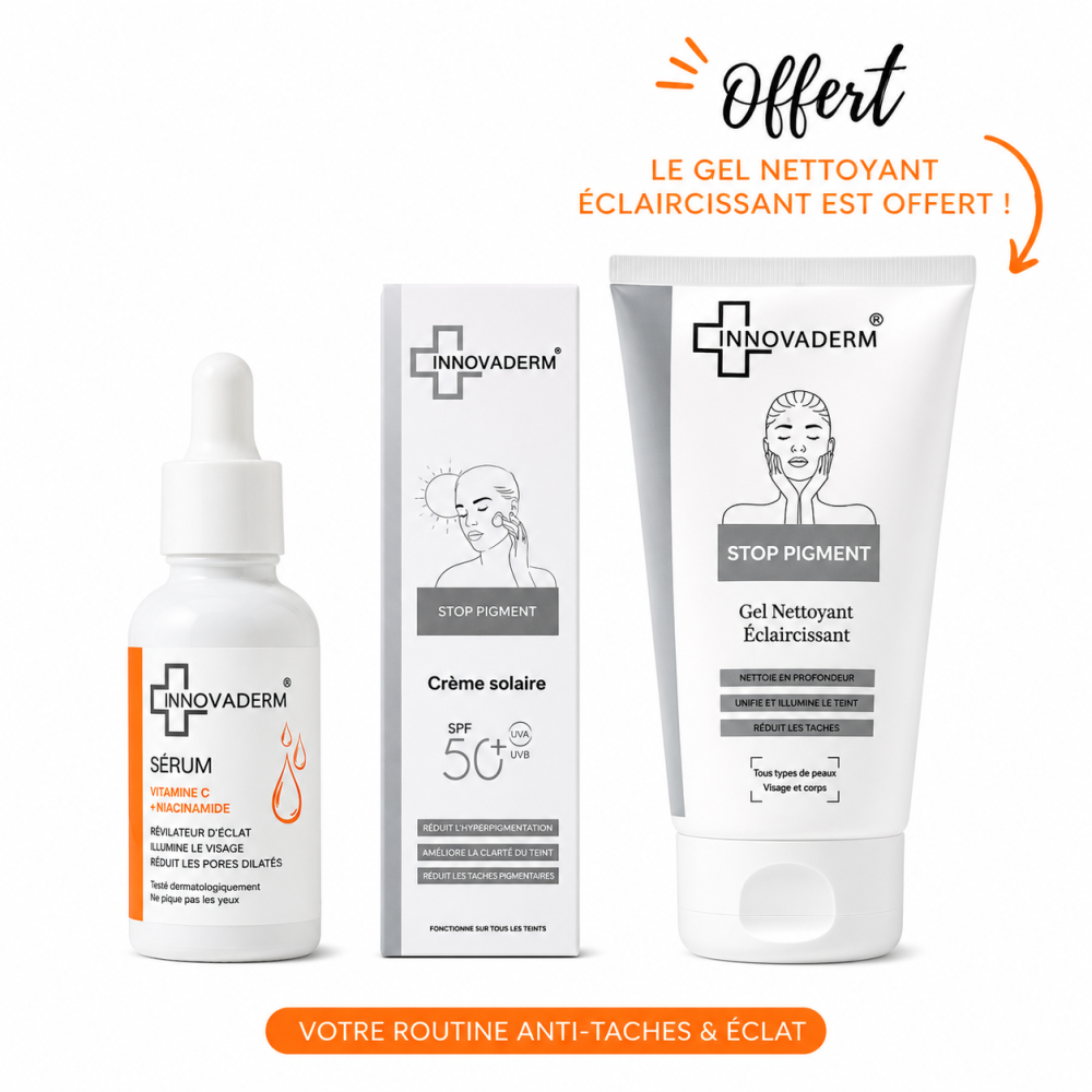 INNOVADERM - PACK : SERUM VITAMINE C + CREME DE JOUR ANTI TAHES SPF50+ + GEL NETTOYANT ECLAIRCISSANT OFFERT