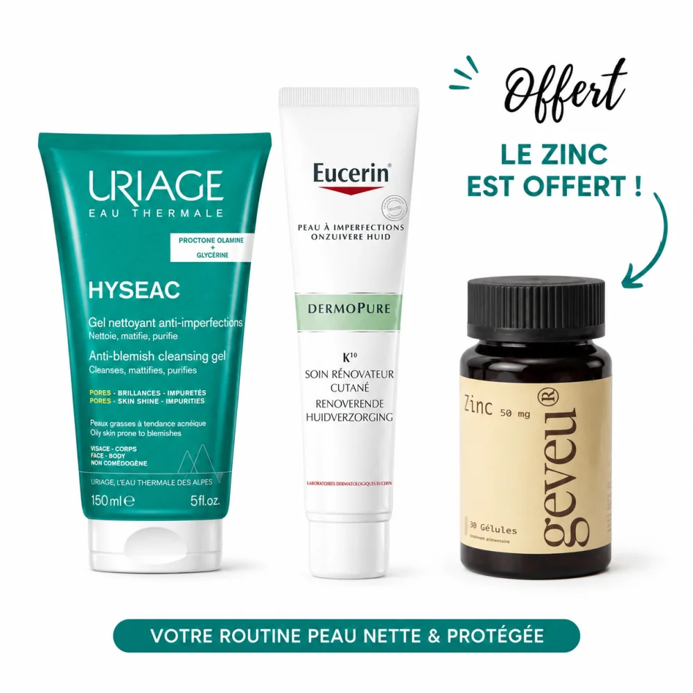 PACK ANTI IMPERFECTIONS - URIAGE HYSEAC GEL NETTOYANT + EUCERIN K10 SOIN + GEVEU ZINC 30 GELULES OFFERT