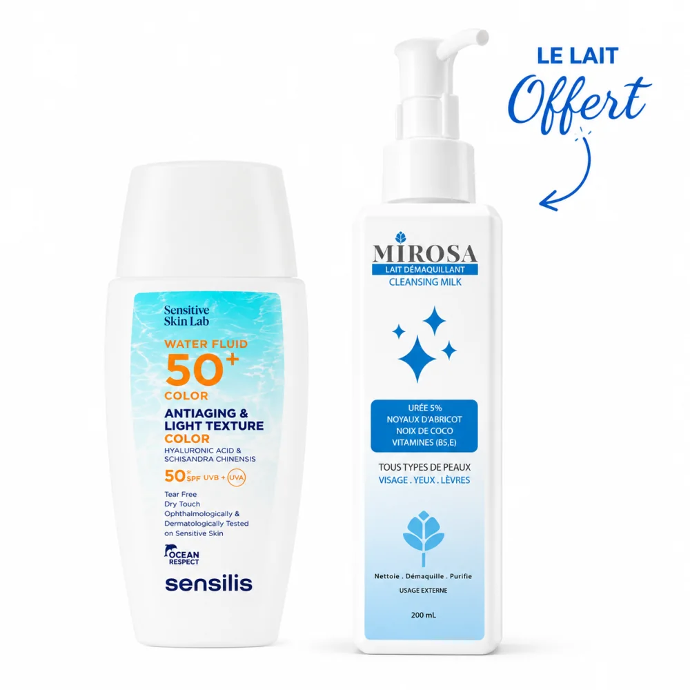 PACK - SENSILIS WATER FLUID COLOR SPF50+ + MIROSA LAIT DEMAQUILLANT OFFERT