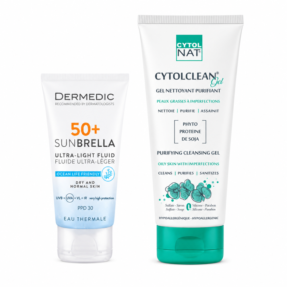 PACK - DERMEDIC SUNBRELLA ECRAN PEAU GRASSE OU SECHE SPF0+ + CYTOLCLEAN GEL NETTOYANT ANTI IMPERFECTIONS