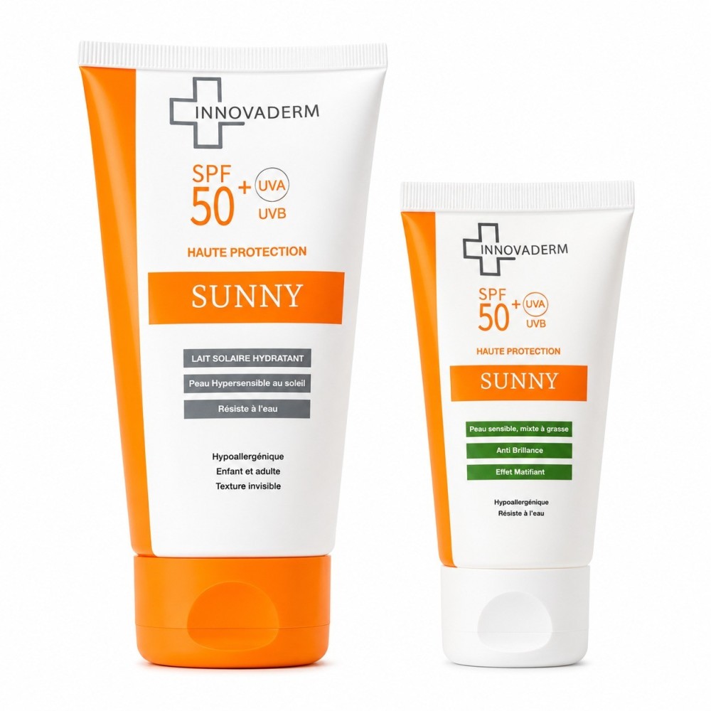 INNOVADERM - PACK : LAIT SOLAIRE SPF50+ + ECRAN SOLAIRE INVISIBLE PEAU GRASSE OU SECHE SPF50+