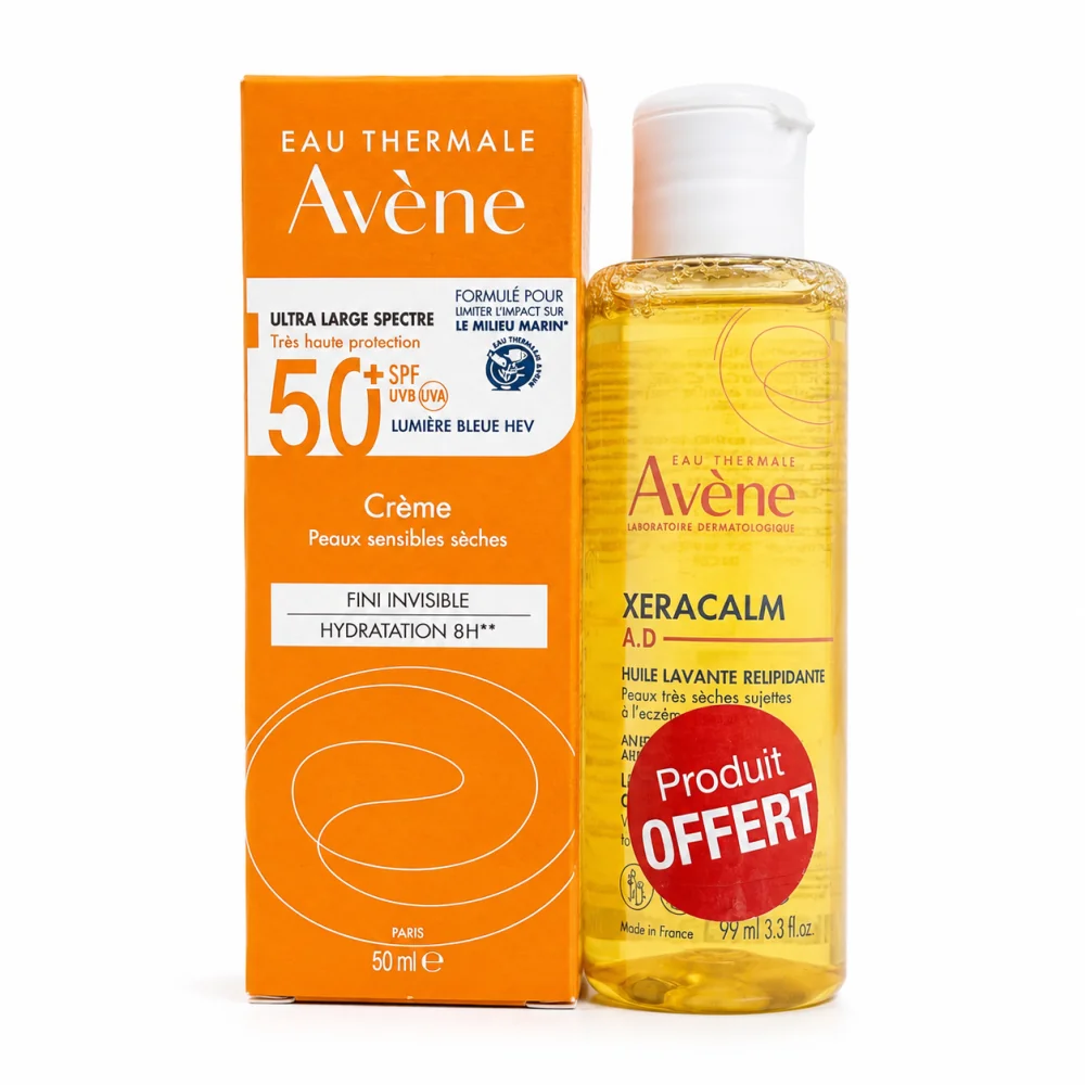 AVENE - SOIN SOLAIRE PEAUX PEAUX SENSIBLES SECHES SPF 50+ 50ML + XERACALM HUILE LAVANTE 100ML OFFERTE
