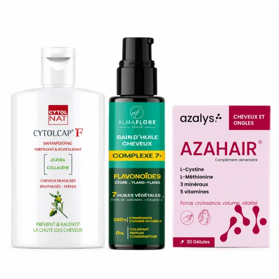 PACK - CYTOL CAP F SHAMPOOING FORTIFIANT + ALMAFLORE BAIN D'HUILE + AZAHAIR 30 GELULES