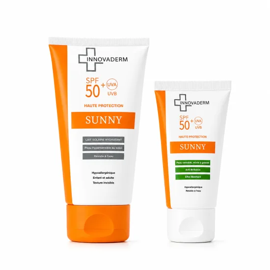 INNOVADERM - PACK : LAIT SOLAIRE SPF50+ + ECRAN SOLAIRE INVISIBLE PEAU GRASSE OU SECHE SPF50+