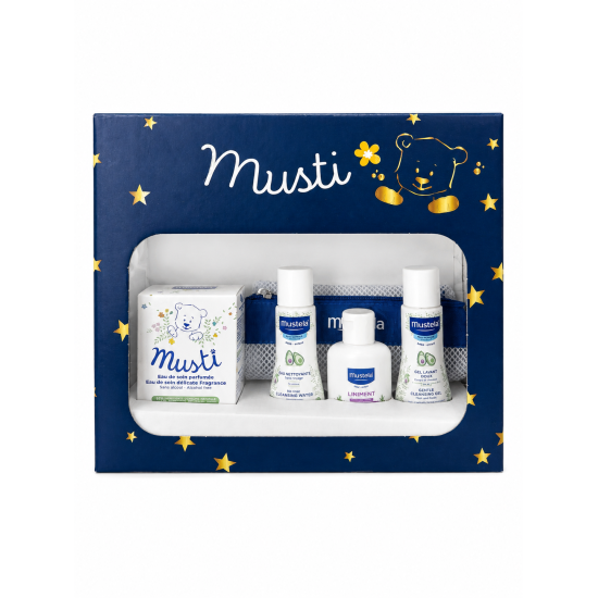 MUSTELA MUSTI - COFFRET : EAU PARFUMEE + EAU NETTOYANTE + LINIMENT + GEL LAVANT DOUX ET TROUSSE OFFERTE