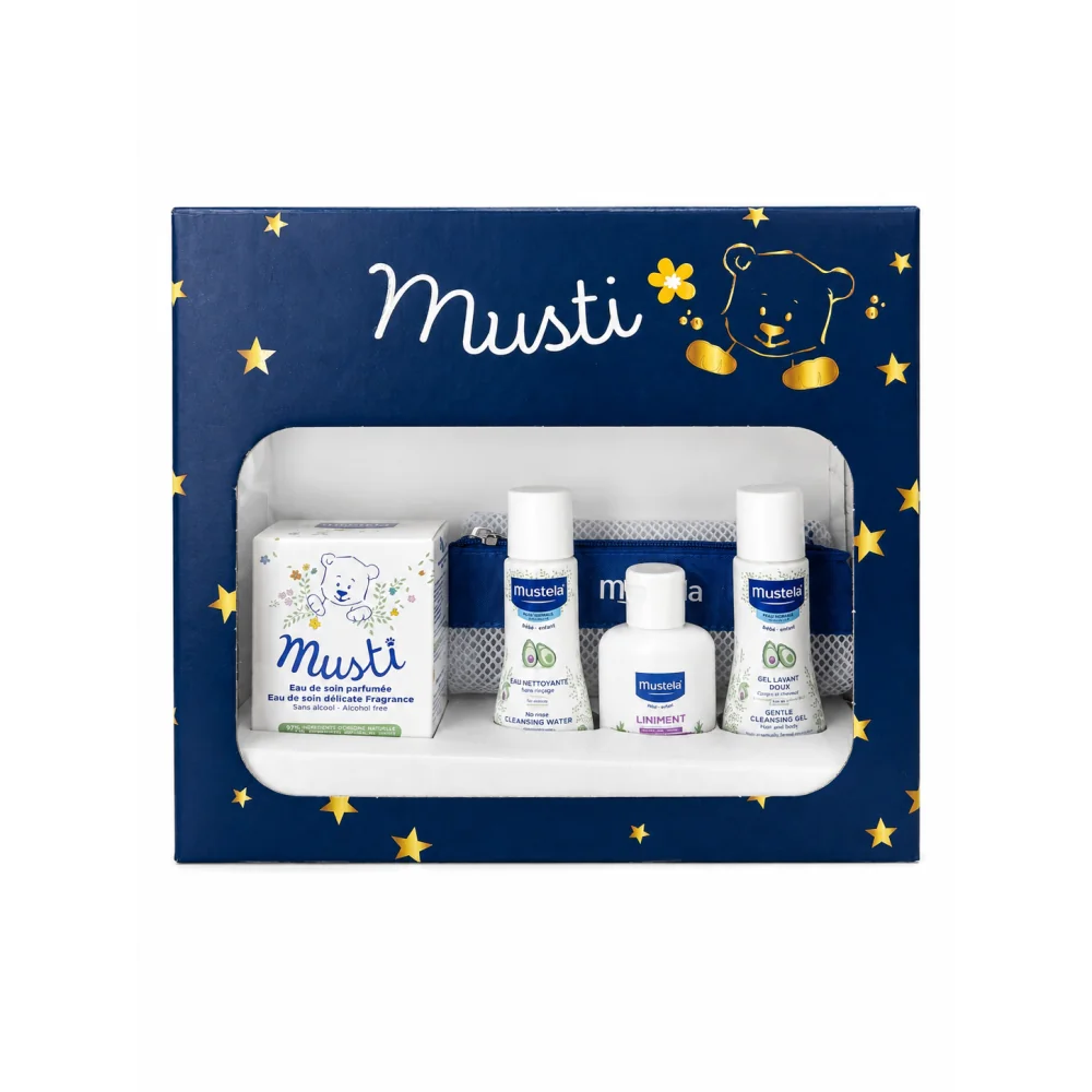 MUSTELA MUSTI - COFFRET : EAU PARFUMEE + EAU NETTOYANTE + LINIMENT + GEL LAVANT DOUX ET TROUSSE OFFERTE
