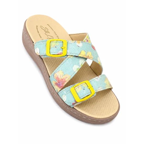 STI LIGHT - CLAQUETTES ORTHOPEDIQUES BLEU AVEC DETAILS FLEURS FEMME