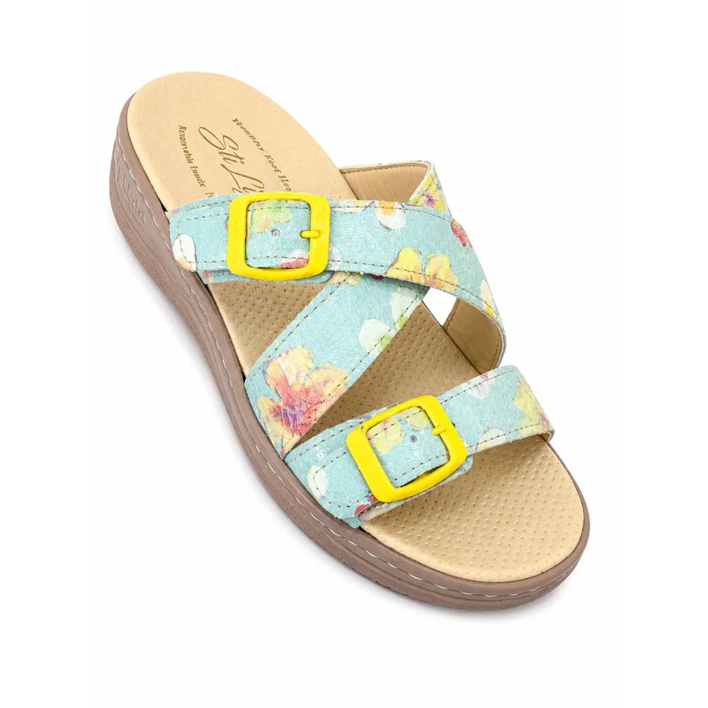 STI LIGHT - CLAQUETTES ORTHOPEDIQUES BLEU AVEC DETAILS FLEURS FEMME