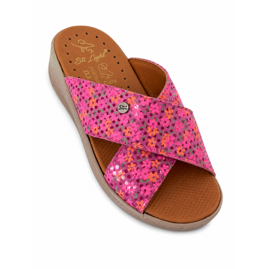 STI LIGHT - CLAQUETTES ORTHOPEDIQUES CROISEES ROSE FUSHIA AVEC DETAILS FLEURIES FEMME