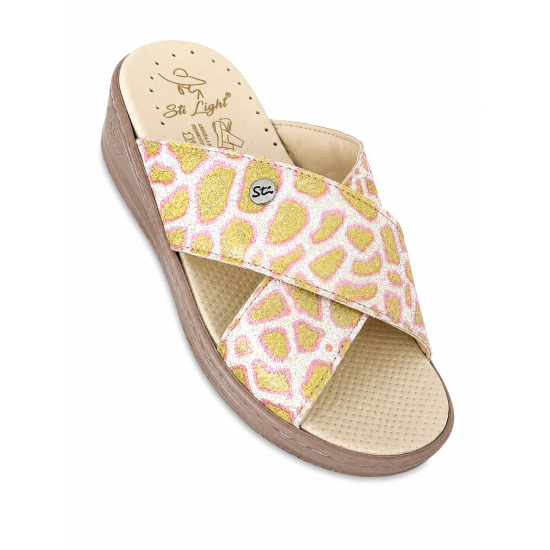 STI LIGHT - CLAQUETTES ORTHOPEDIQUES CROISEES LEOPARDS COLOREES FEMME