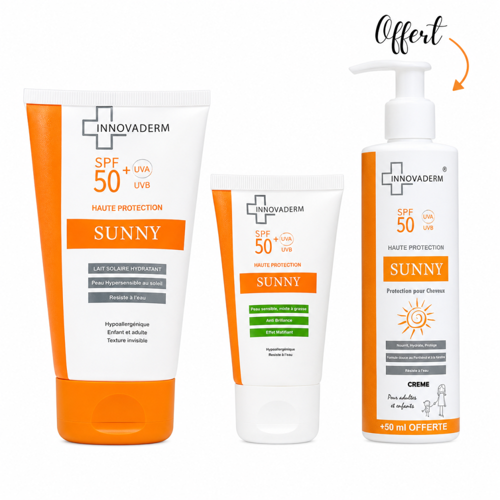 PACK - INNOVADERM : LAIT SOLAIRE SPF50+ + ECRAN INVISIBLE PEAUX GRASSES OU SECHES SPF50+ + ECRAN CHEVEUX OFFERT