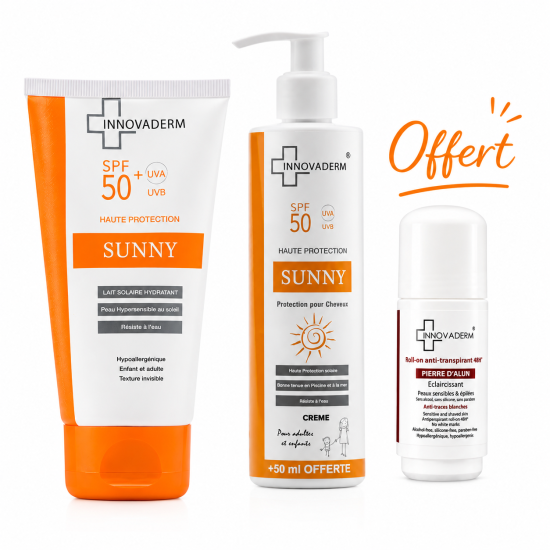 PACK - INNOVADERM : LAIT SOLAIRE SPF50+ + ECRAN INVISIBLE PEAUX GRASSES OU SECHES SPF50+ ROLLON ECLAIRCISSANT OFFERT