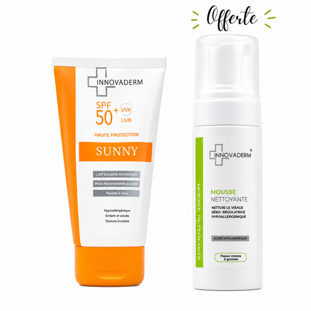 INNOVADERM - PACK : LAIT SOLAIRE SPF50+ + MOUSSE NETTOYANT PEAUS SECHES OU PEAUX GRASSES OFFERTE
