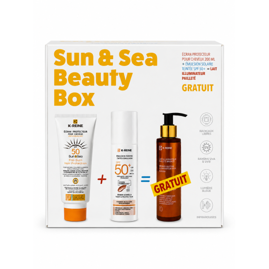 Sun & Sea Beauty Box K-Reine – Coffret Solaire SPF 50+ pour Visage et Cheveux avec Lait Illuminateur Pailleté Offert