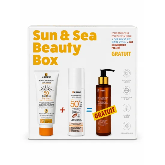 Sun & Sea Beauty Box K-Reine – Coffret Solaire SPF 50+ pour Visage et Cheveux avec Lait Illuminateur Pailleté Offert