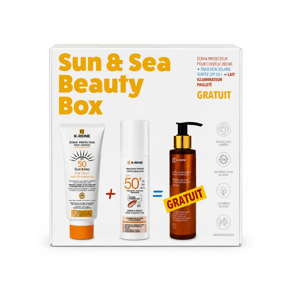 Sun & Sea Beauty Box K-Reine – Coffret Solaire SPF 50+ pour Visage et Cheveux avec Lait Illuminateur Pailleté Offert