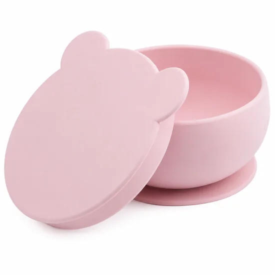 MINIKOIOI  - BOL AVEC COUVERCLE ET VENTOUSE EN SILICONE ROSE +6MOIS