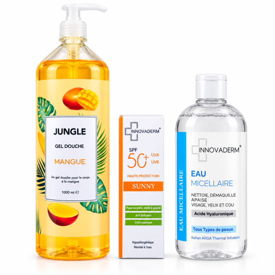 PACK - GEL DOUCHE AU CHOIX + INNOVADERM ECRAN PEAU GRASSE SPF50+ + INNOVADERM EAU MICELLAIRE