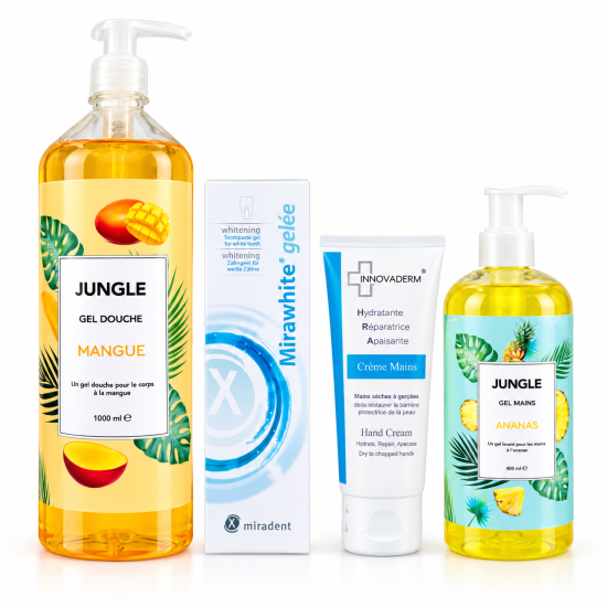 PACK - GEL DOUCHE 1L AU CHOIX + MIRADENT MIRAWHITE DENTIFRICE + INNOVADERM CREME MAINS + GEL LAVANT MAINS