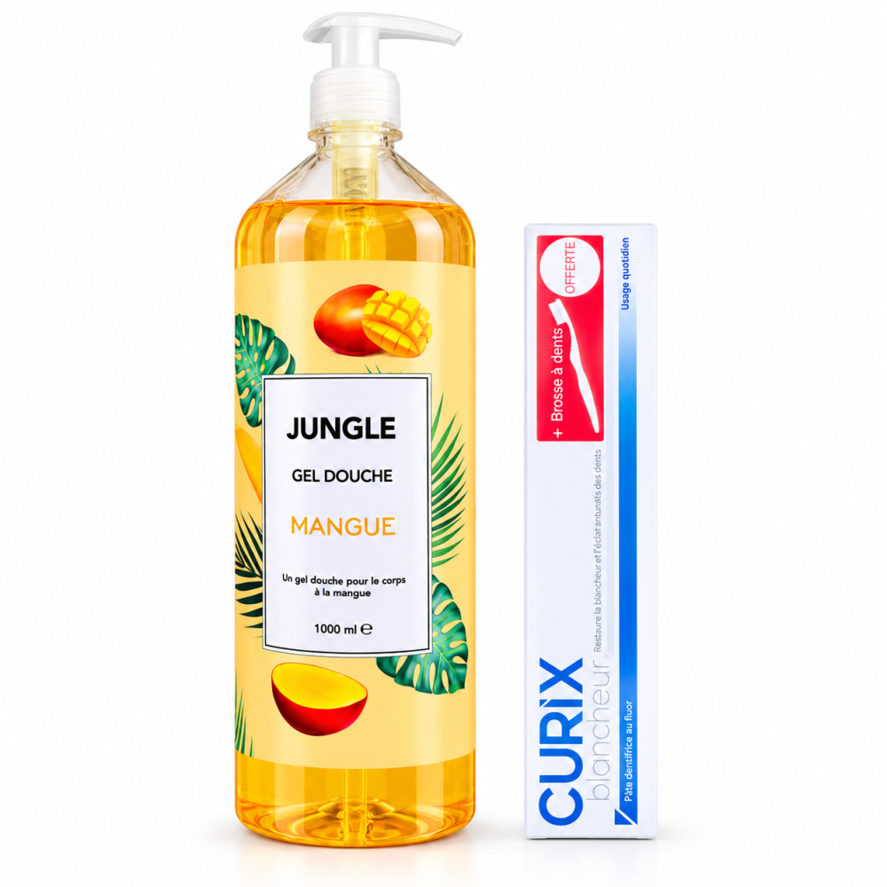 PACK - GEL DOUCHE 1L AU CHOIX + CURIX DENTIFRICE BLANCHEUR + BROSSE A DENTS OFFERTE