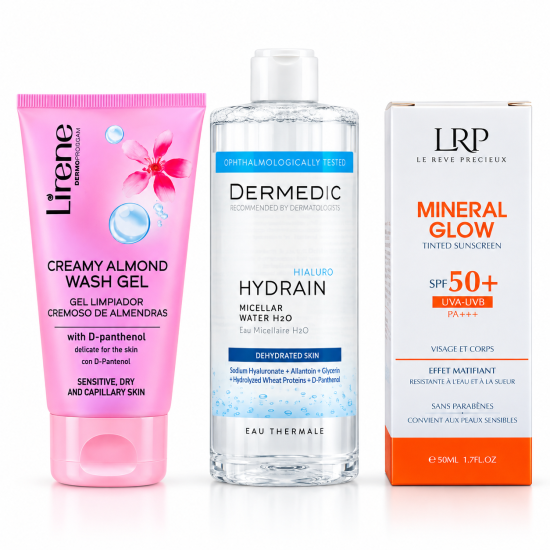 PACK - LIRENE GEL NETTOYANT AU CHOIX + DERMEDIC EAU MICELLAIRE + LRP MINERAL GLOW SPF50+