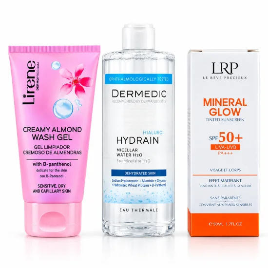 PACK - LIRENE GEL NETTOYANT AU CHOIX + DERMEDIC EAU MICELLAIRE + LRP MINERAL GLOW SPF50+