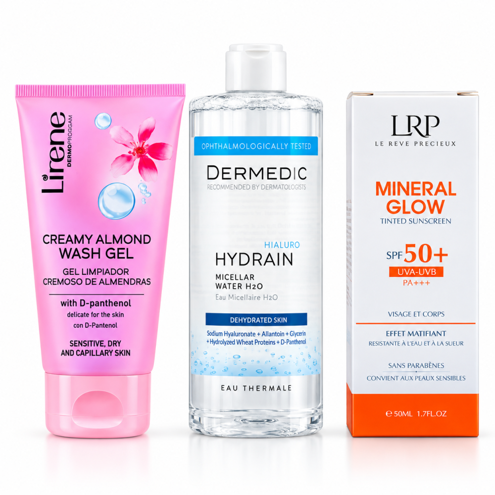 PACK - LIRENE GEL NETTOYANT AU CHOIX + DERMEDIC EAU MICELLAIRE + LRP MINERAL GLOW SPF50+