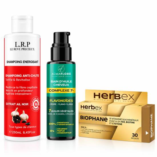 PACK ANTI CHUTE - LRP SHAMPOING AIL NOIR + ALMAFLORE BAIN D'HUILE + HERBEX BIOPHANE