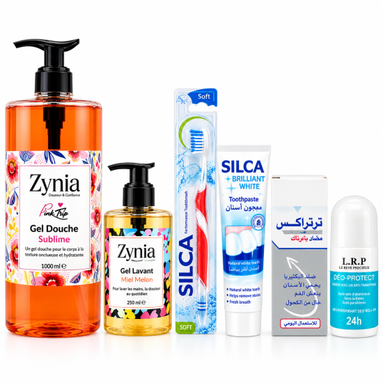 PACK - ZYNIA GEL DOUCHE + GEL LAVANT MAINS + SILCA BROSSE A DENTS + TARTREX BAIN DE BOUCHE + LRP ROLLON