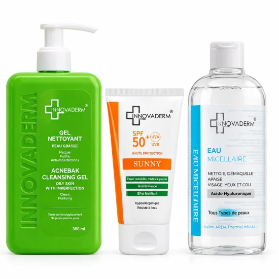 INNOVADERM - PACK : GEL NETTOYANT PEAUX MIXTE A GRASSE + ECRAN INVISIBLE SPF50+ + EAU MICELLAIRE 400ML OFFERTE