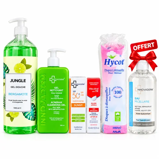 JUNGLE GEL DOUCHE AU CHOIX + INNOVADERM GEL NETTOYANT + ECRAN INVISIBLE + BAUME A LEVRES + COTTON DIQUE +EAU MICELLAIRE OFFERTE