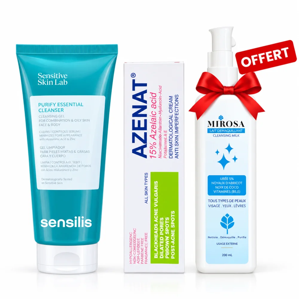 PACK - SENSILIS GEL NETTOYANT + AZENAT CREME ANTI IMPERFECTIONS + MIROSA LAIT DEMAQUILLANT OFFERT