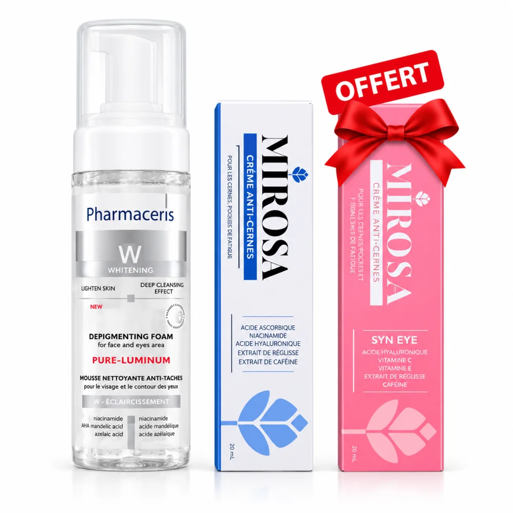 PACK - PHARMACERIS MOUSSE ECLAIRCISSANTE + MIROSA CREME ANTI TACHES + MIROSA CREME ANTI CERNES OFFERTE
