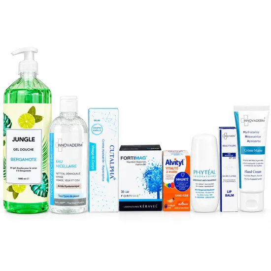 JUGLE GEL DOUCHE + EAU MICELLAIRE +  CREME HYDRATANTE + FORTI MAG + ALVITYL + PHYTEAL ROLLON+ BAUME A LEVRES+CREME MAINS OFFERTE