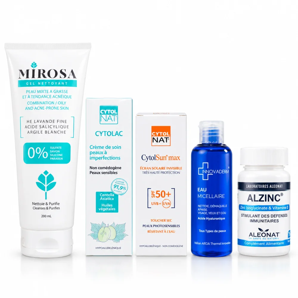 PACK - MIROSA GEL PEAU GRASSE + CREME ANTI IMPERFECTIONS + ECRAN INVISIBLE SPF50+ + EAU MICELLAIRE 75ML+ ALZINC 30 GELULES