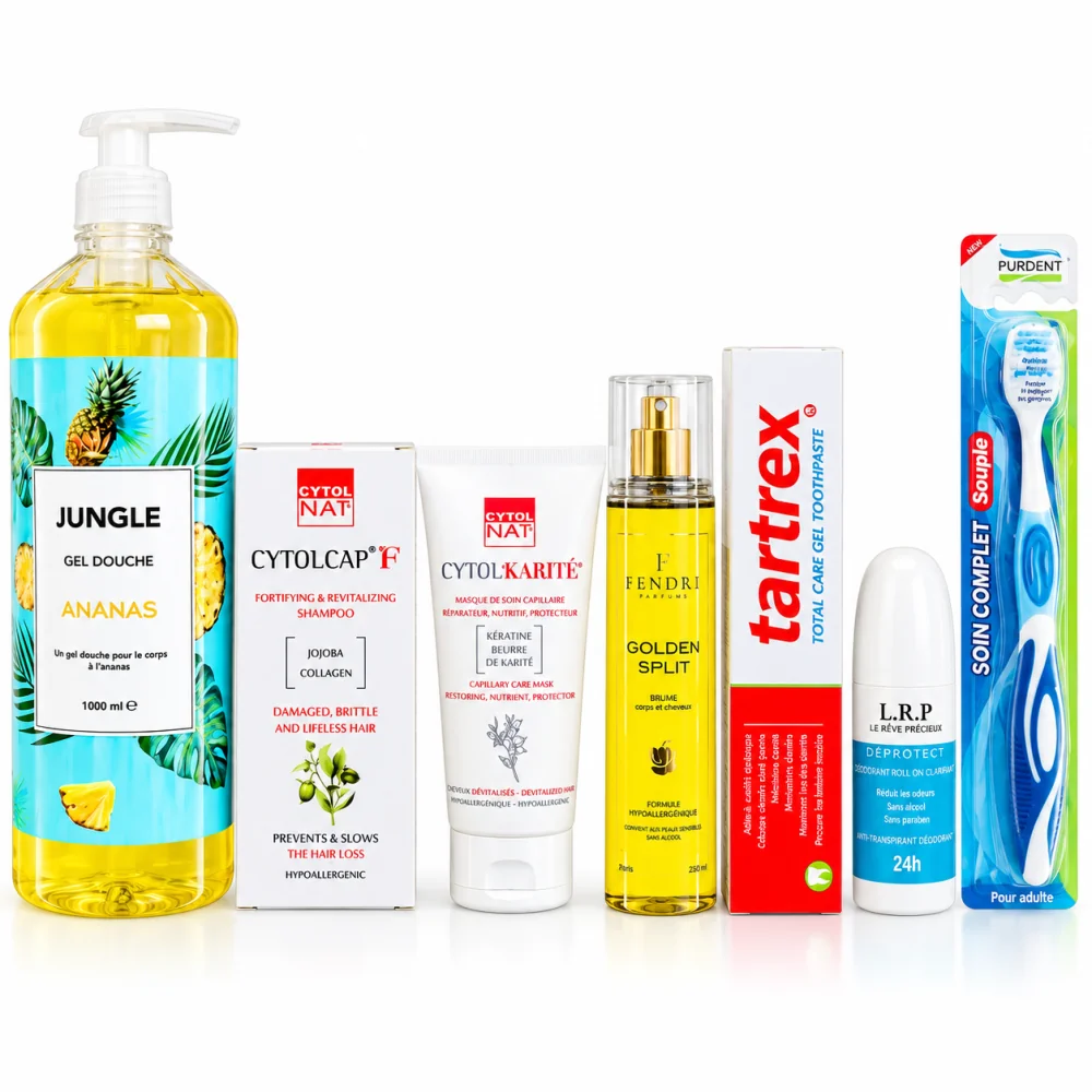 JUNGLE GEL DOUHE + CYTOL SHAMPOOING FORTIFIANT + MASQUE KERATINE + BRUME + TARTREX SOIN COMPLET + LRP ROLLON +BROSSE A DENTS