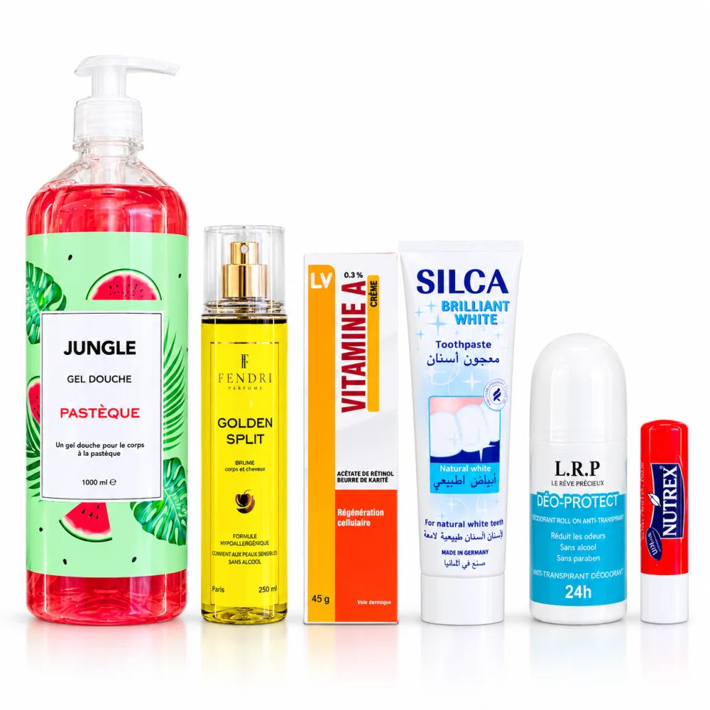PACK - GEL DOUCHE AU CHOIX + BRUME AU CHOIX + CREME VITAMINE A + DENTIFRICE BLANCHEUR + LRP DEO ROLLON + BAUME A LEVRES