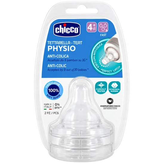 CHICCO - LOT DE 2 TETINES PHYSIO TEAT ANTI COLIC SILICONE +4MOIS