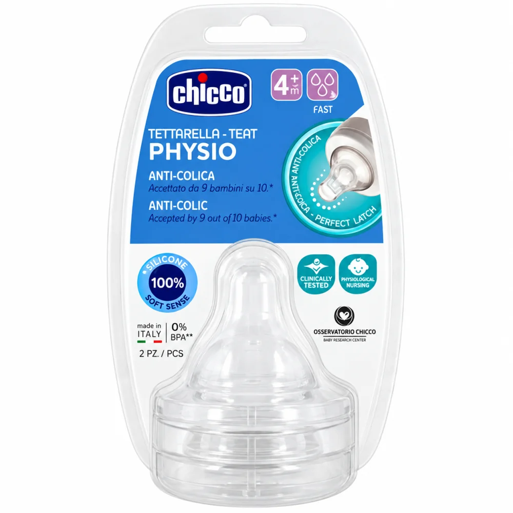 CHICCO - LOT DE 2 TETINES PHYSIO TEAT ANTI COLIC SILICONE +4MOIS