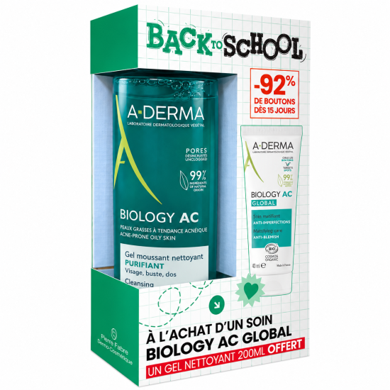 A-DERMA - COFFRET BACK TO SCHOOL : BIOLOGY AC GLOBAL 40 ML + GEL NETTOYANT 200 ML OFFERT