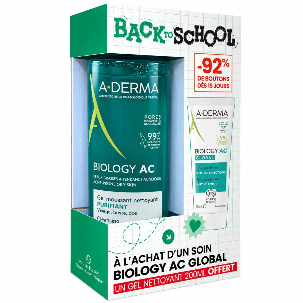 A-DERMA - COFFRET BACK TO SCHOOL : BIOLOGY AC GLOBAL 40 ML + GEL NETTOYANT 200 ML OFFERT