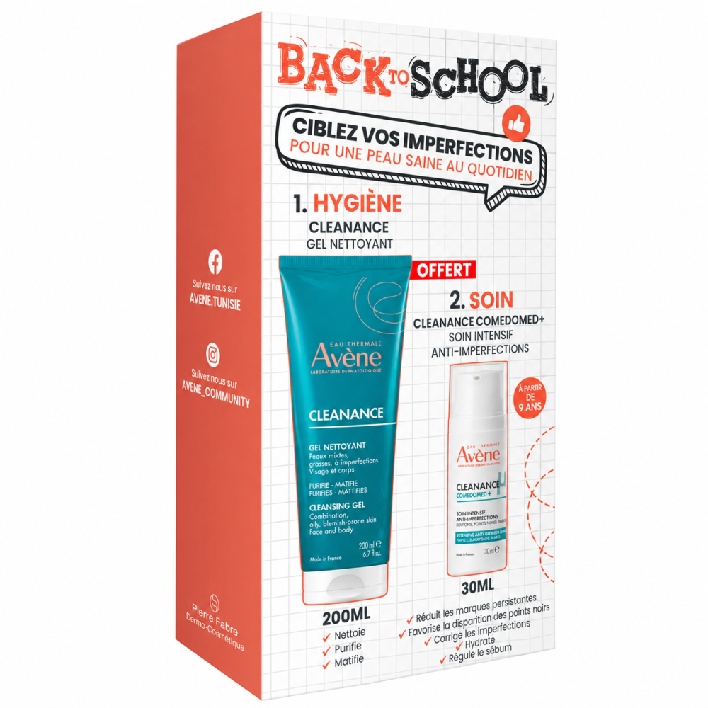 AVENE - COFFRET CLEANANCE BACK TO SCHOOL : COMEDOMED+ 30 ML + GEL NETTOYANT 200 ML OFFERT