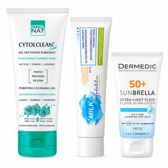 PACK - CYTOL CLEAN GEL NETTOYANT + MILK CREME HYDRATANTE + DERMEDIC ECRAN PEAUX MIXTES A GRASSES
