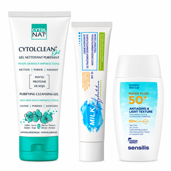 PACK - CYTOL CLEAN GEL NETTOYANT + MILK CREME HYDRATANTE + SENSILIS WATER FLUID SPF50+