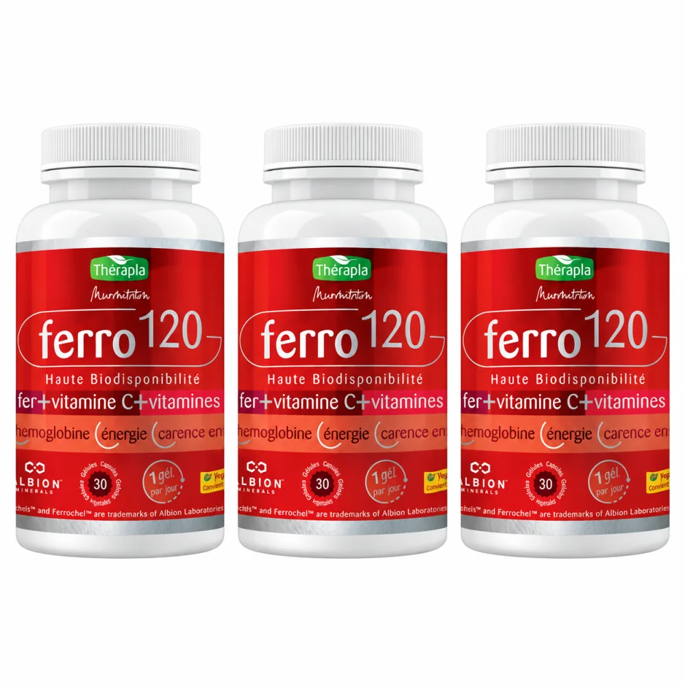 PACK 3 BOITES FERRO 120 COMPLEMENTS ALIMENTAIRES FER + VIT C +B pou...