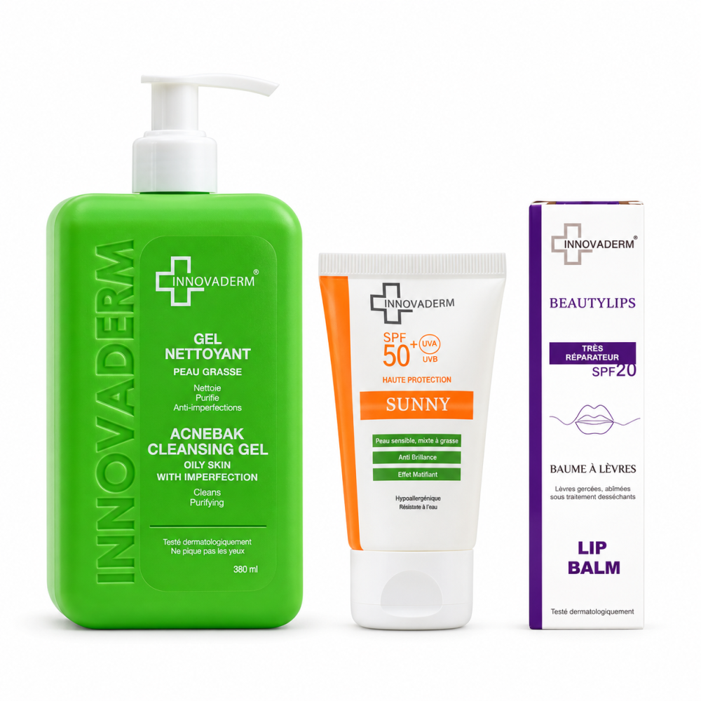 INNOVADERM - PACK : GEL NETTOYANT PEAUX MIXTES A GRASSES + ECRAN INVISIBLE PEAUX MIXTES A GRASSE SPF50+ + BAUME A LEVRES SPF20