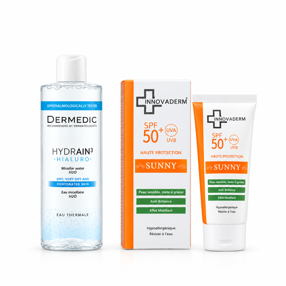 PACK - DERMEDIC EAU MICELLAIRE 500ML + INNOVADERM ECRAN SOLAOIRE PEAU MIXTE A GRASSE SPF50+