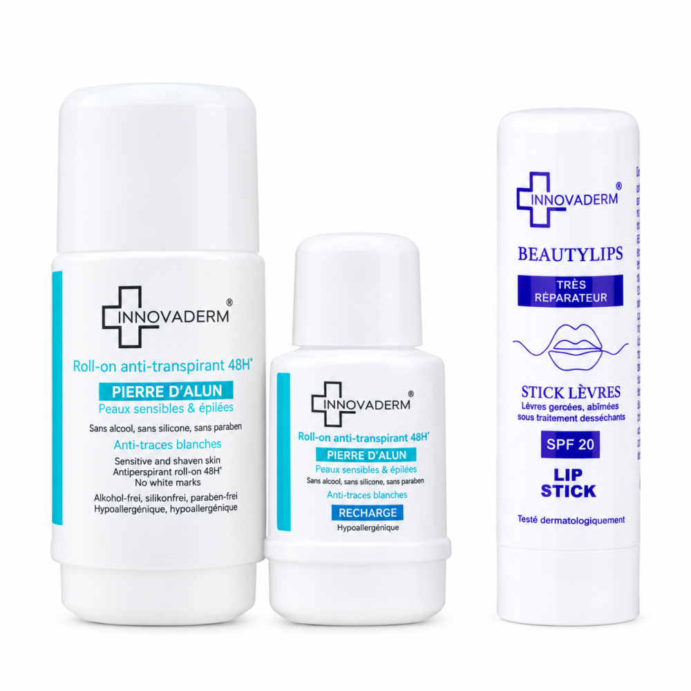 INNOVADERM - PACK : DEO ROLLON ANTI TRANSPIRANT + RECHARGE OFFERTE + STICK A LEVRES SPF20